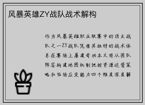 风暴英雄ZY战队战术解构