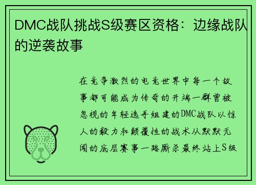 DMC战队挑战S级赛区资格：边缘战队的逆袭故事