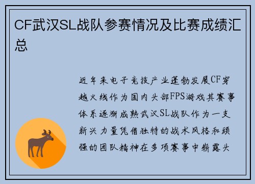 CF武汉SL战队参赛情况及比赛成绩汇总